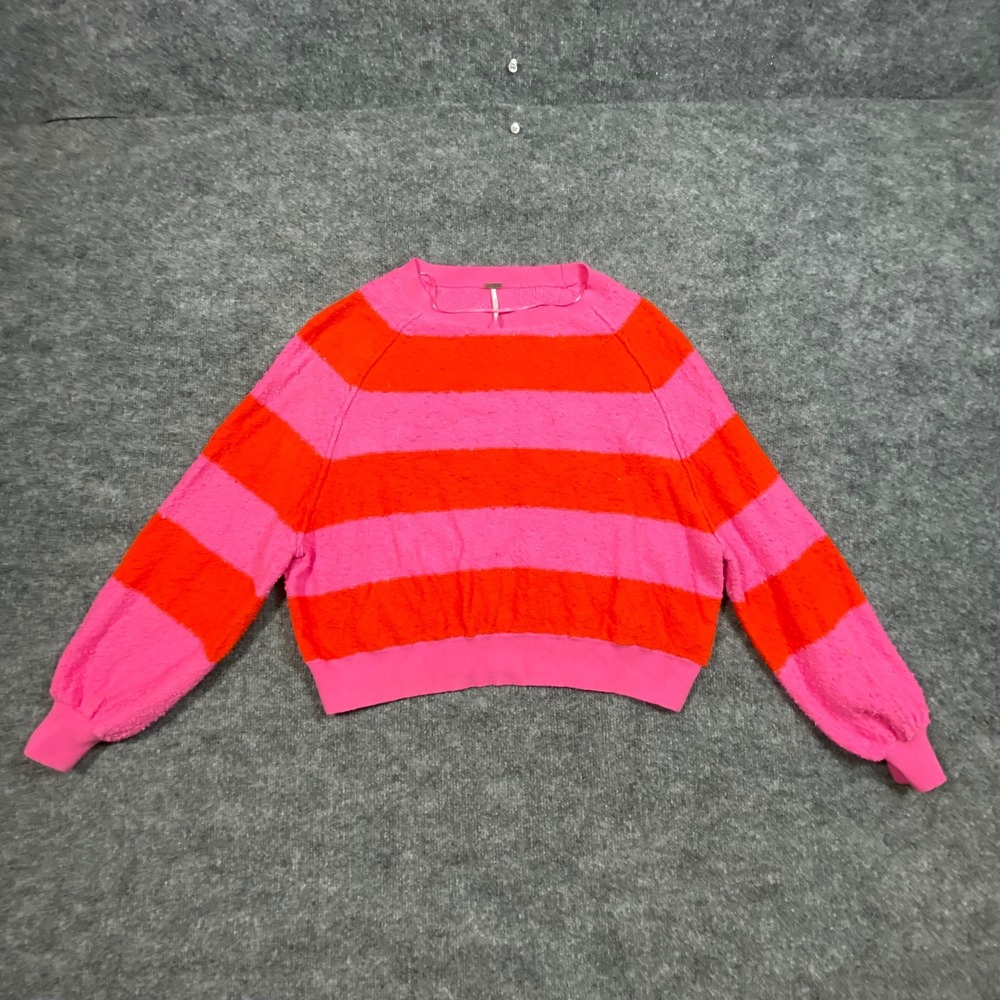Free People Pink Orange Striped Boucle Knit Cropped Sweater Womens XS Raglan